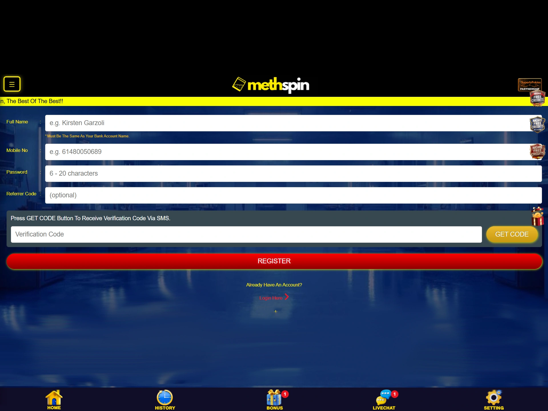 Registration form with full name, mobile number, password and SMS verification code fields